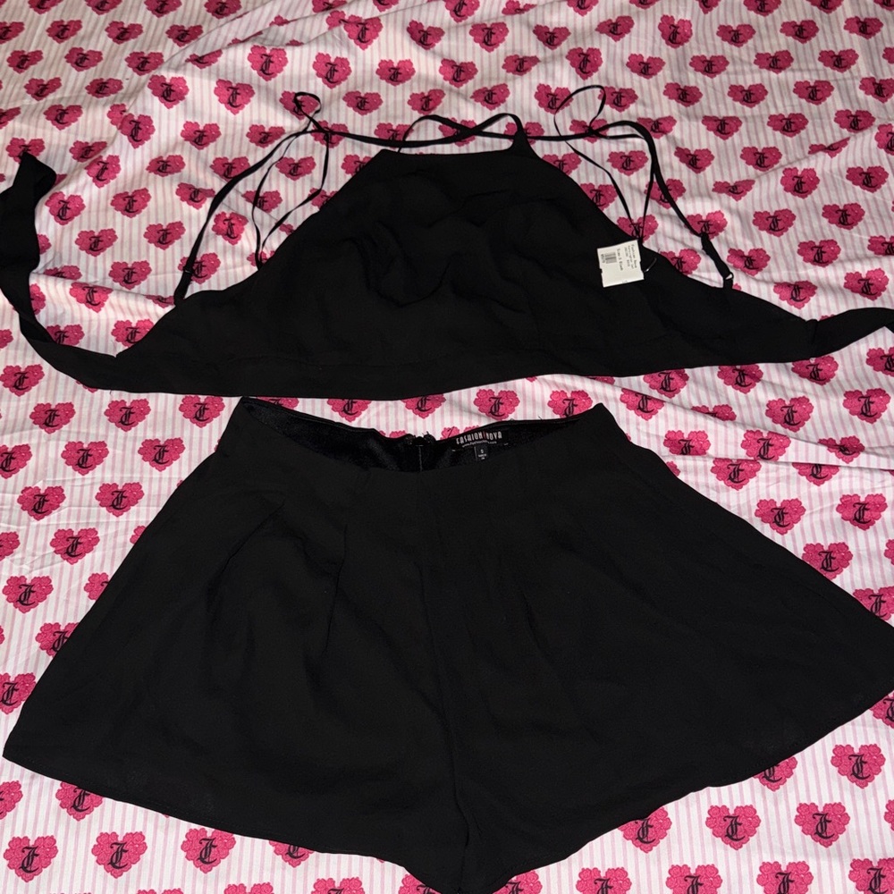 Fashion Nova Black Cropped Halter Top and High-Waist Skort Set